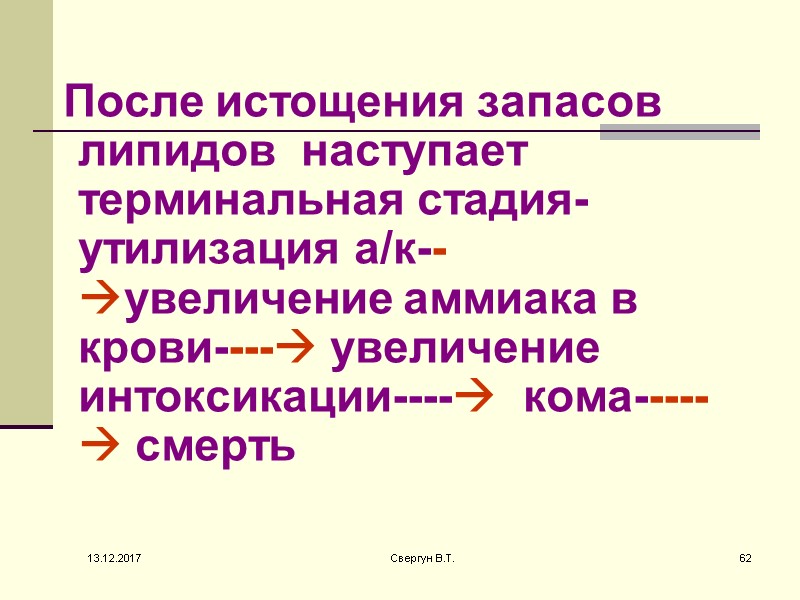 После истощения запасов липидов  наступает терминальная стадия- утилизация а/к--увеличение аммиака в крови---- увеличение